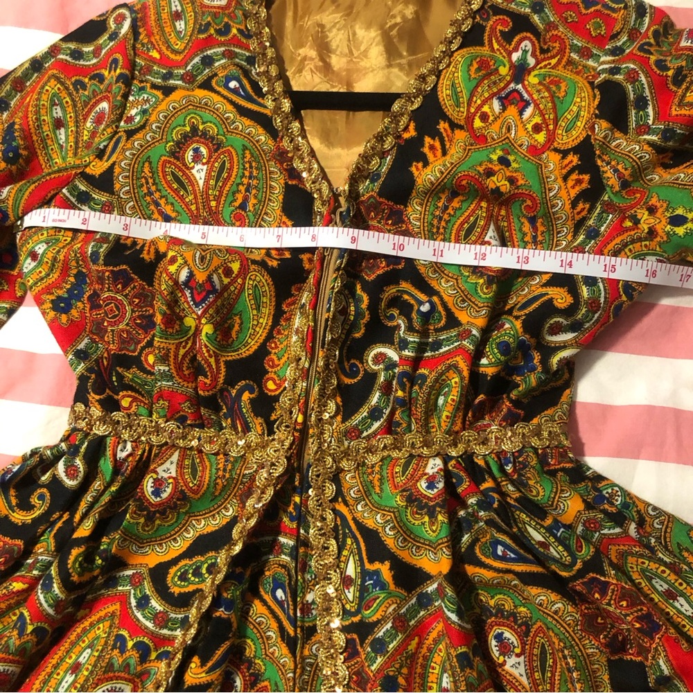 Vtg Jumpsuit 60s 70s Psychedelic Paisley Palazzo Leg Gold Rick Rack Trim S-XS - Picture 8 of 12